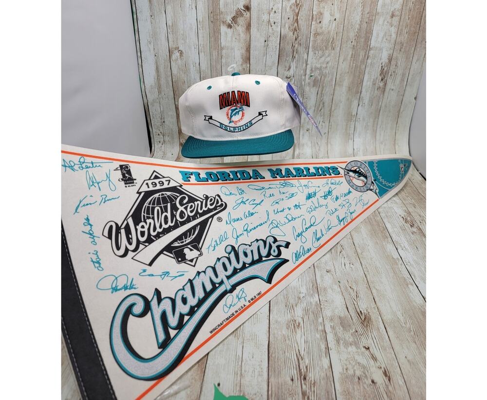 Vintage 1997 Florida Marlins World Series Champions Signature MLB Pennant & Hat